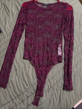 Forever 21 Burgundy Floral Lace Long-Sleeve Bodysuit
